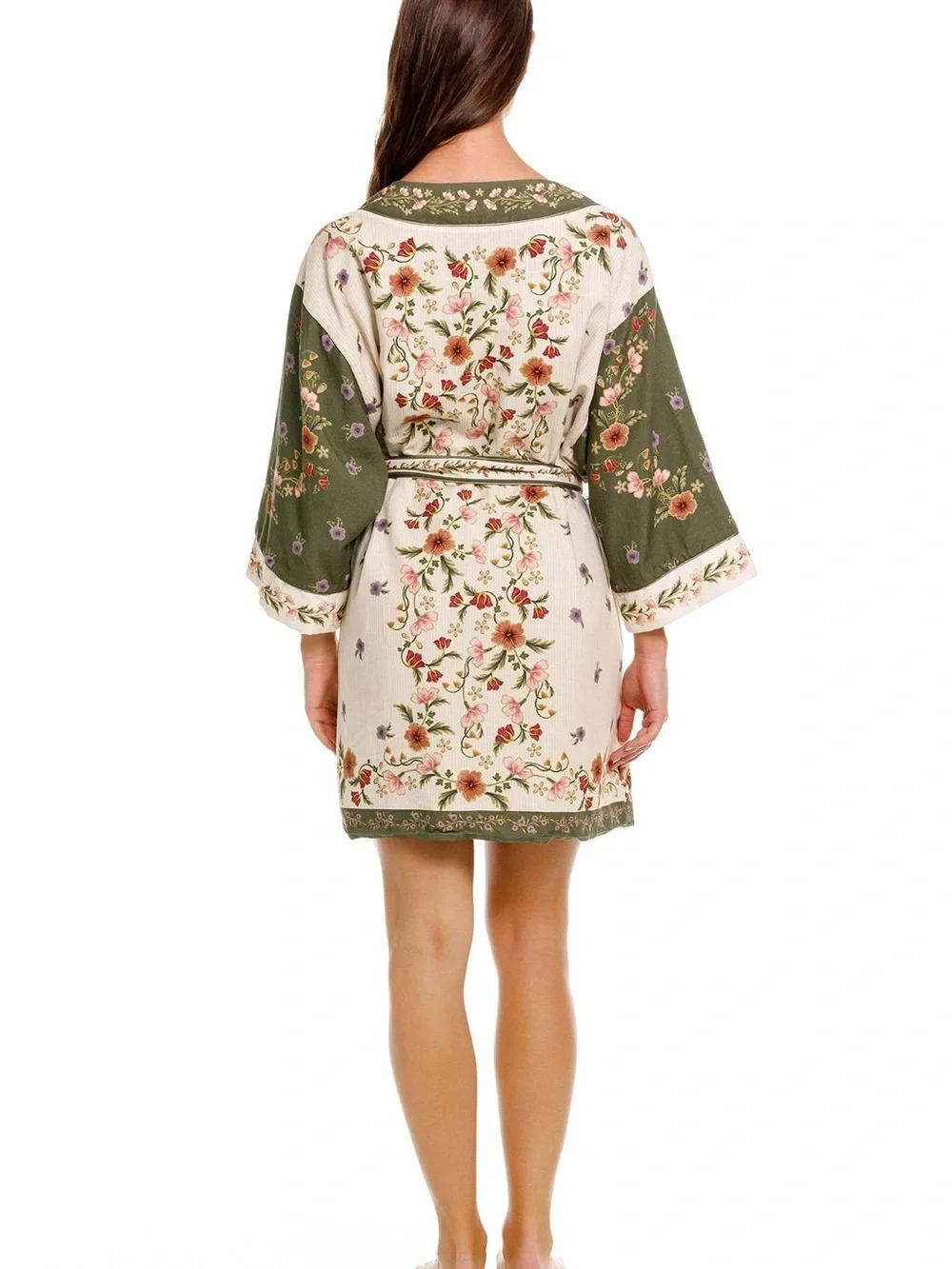 Green Floral Satin Kimono,M/L